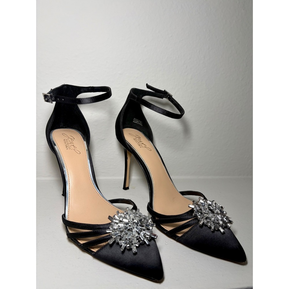 Jewel Badgley Mischka Black Satin Crystal Embellished Heels Pumps